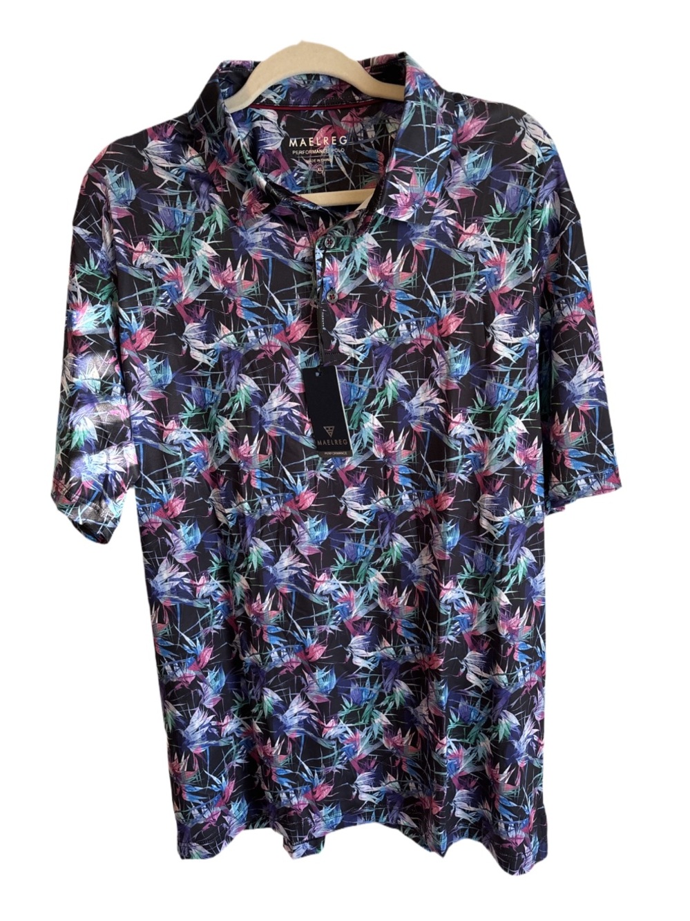MAELREG Performance Floral Print Button-Up Shirt - Black Multi NWT